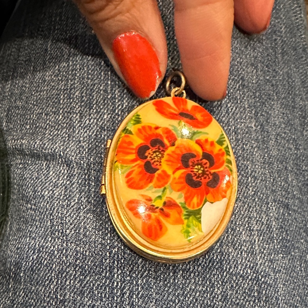 Unique Vintage Floral Locket Necklace - Red and Yellow